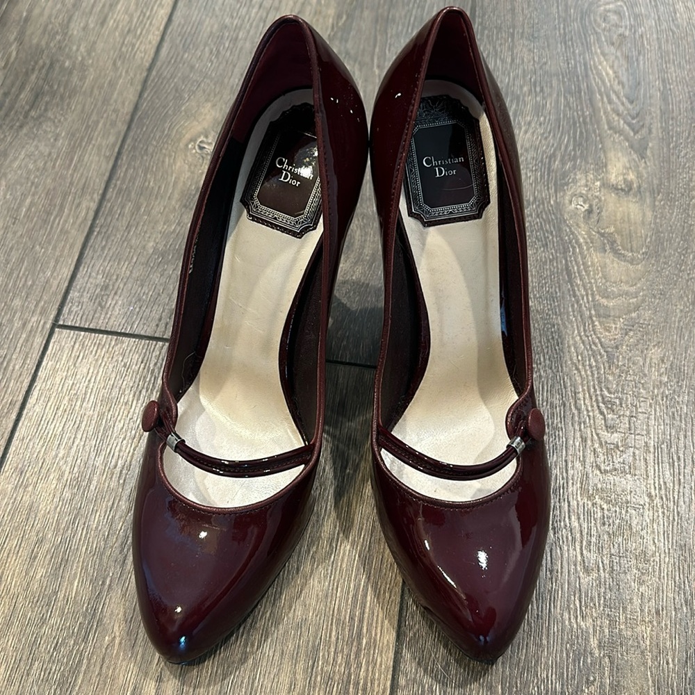 Christian Dior Authentic Cherry Red Burgundy Botton Mary Jane Heels Size 38.5